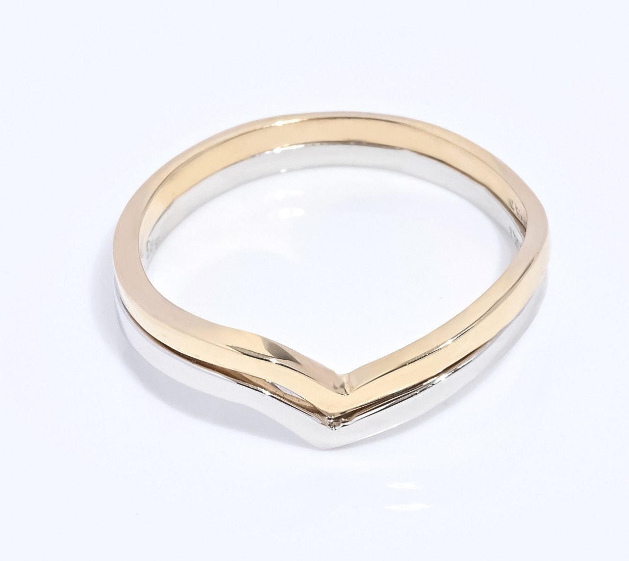 Handmade two-tone double chevron ring in 14k gold for women.