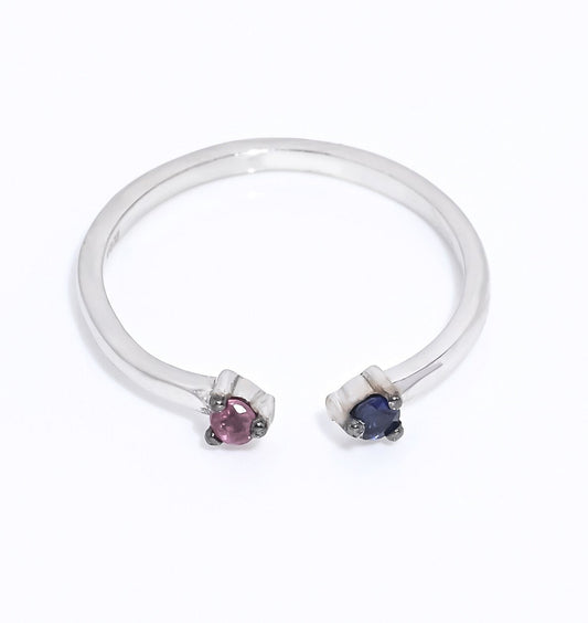 Handcrafted open cuff ring featuring rubies and sapphires, set in 14k gold for women.
