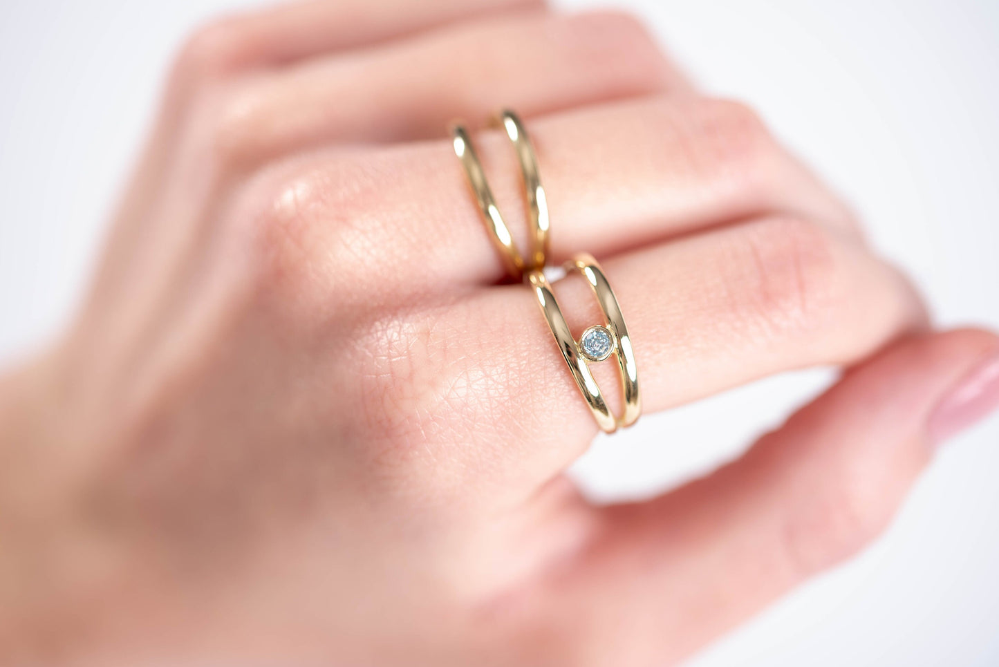 Handcrafted double-row ring for women, made of 14k solid yellow gold.