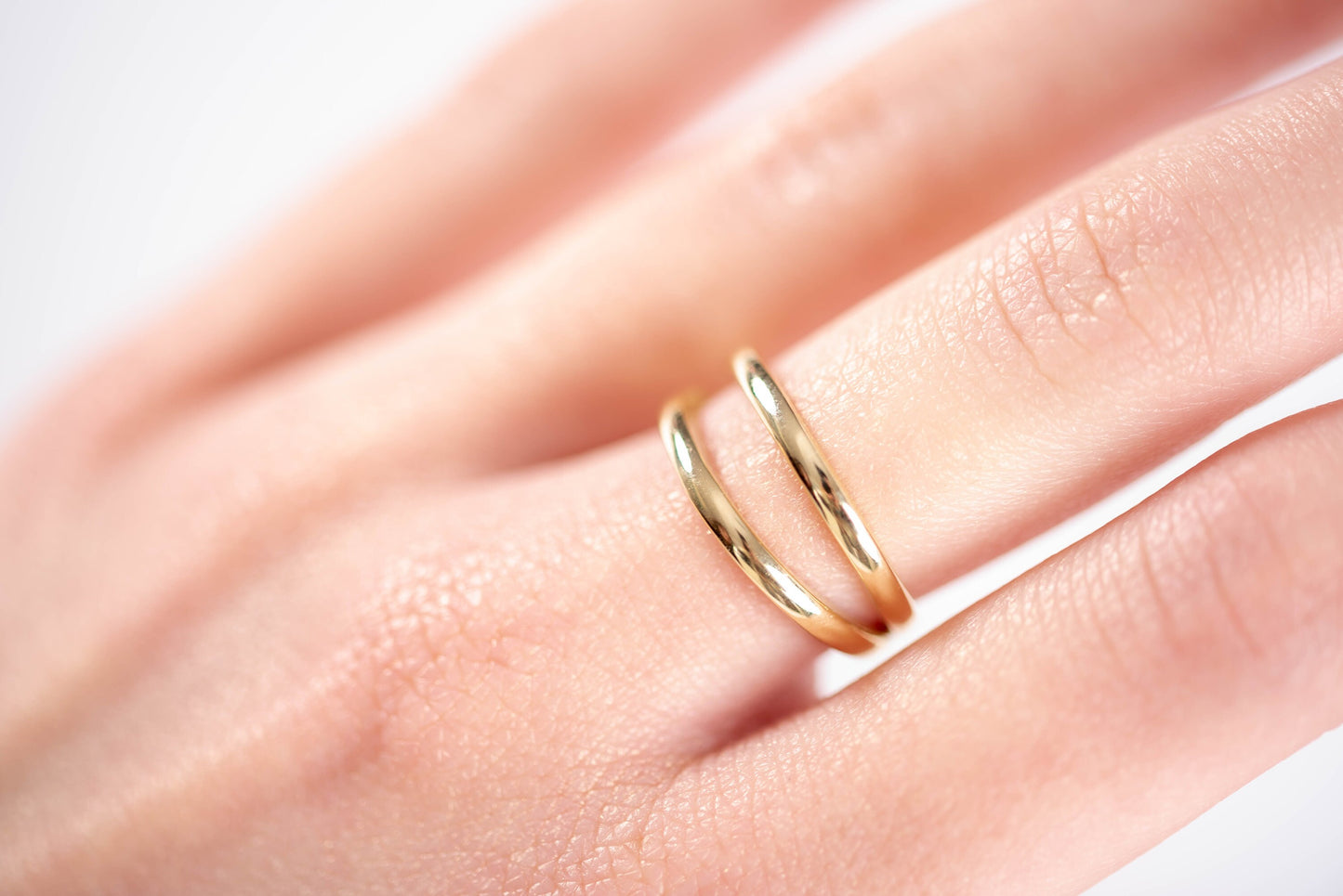 Handcrafted double-row ring for women, made of 14k solid yellow gold.