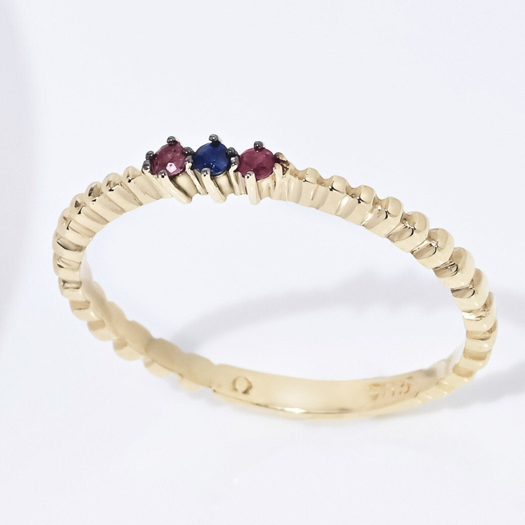 Dainty Ruby and Sapphire Braided Ring in 14k Solid Gold