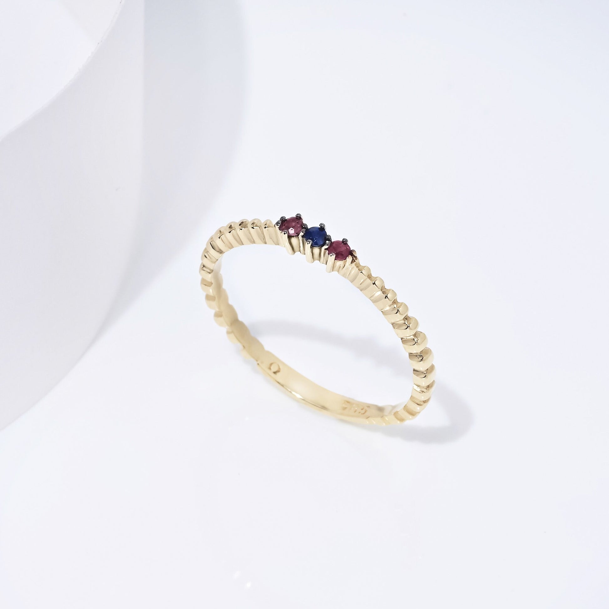 Dainty Ruby and Sapphire Braided Ring in 14k Solid Gold