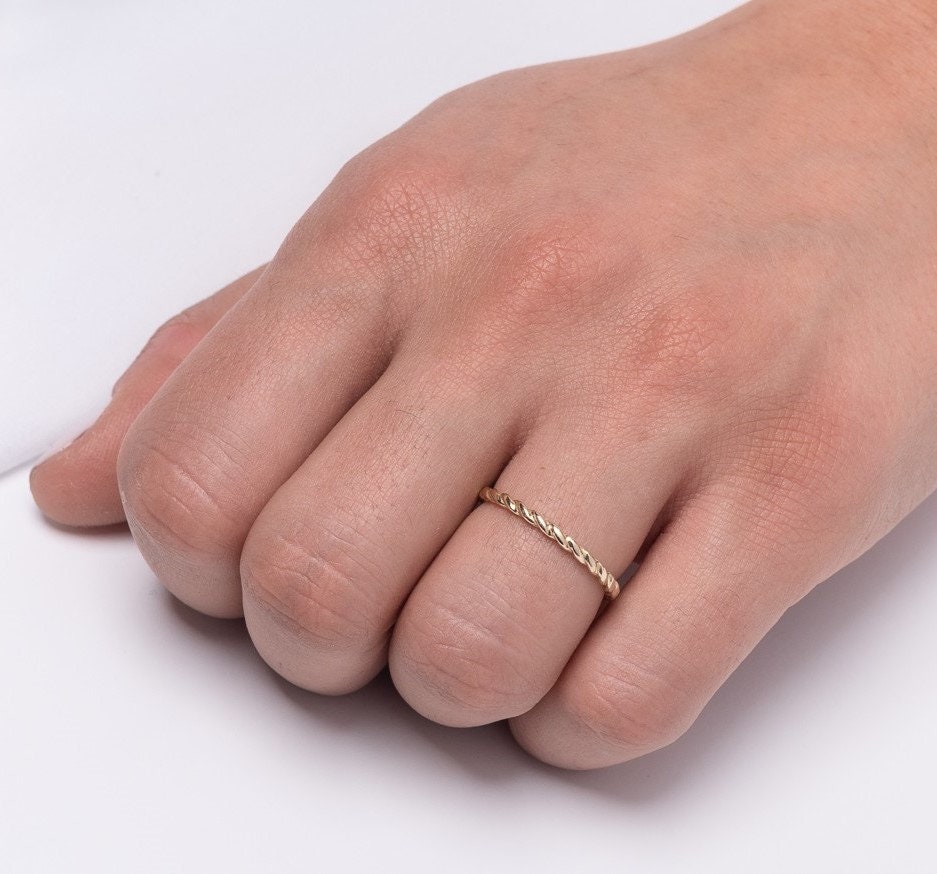 Handcrafted Slim 14K Solid Gold Twisted Ring for Women