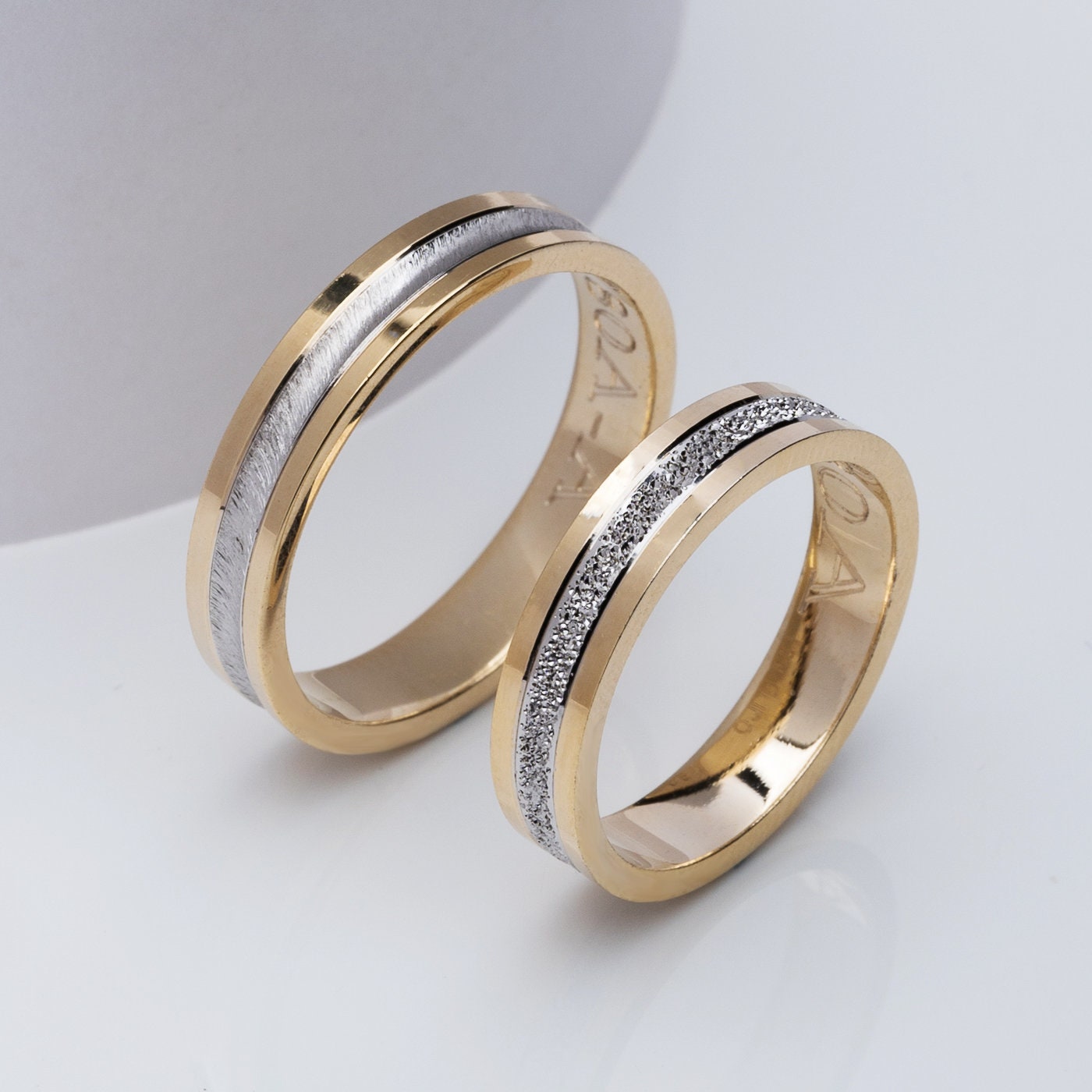 Two-tone Wedding Band, 4,5mm Wedding Bands Set, Matching Rings, Engrave Band Ring, Wedding Ring Set, His and Hers Rings