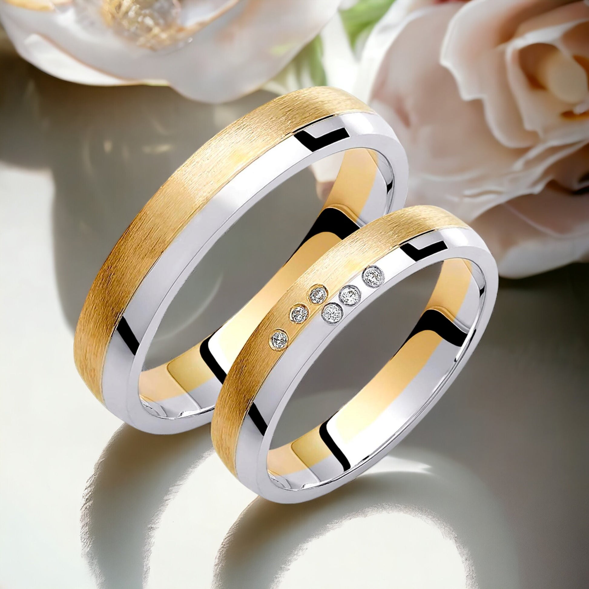 Two-tone Wedding Band, 4mm Wedding Bands Set, Diamond Matching Rings, Engrave Band Ring, Wedding Ring Set, His and Hers Rings