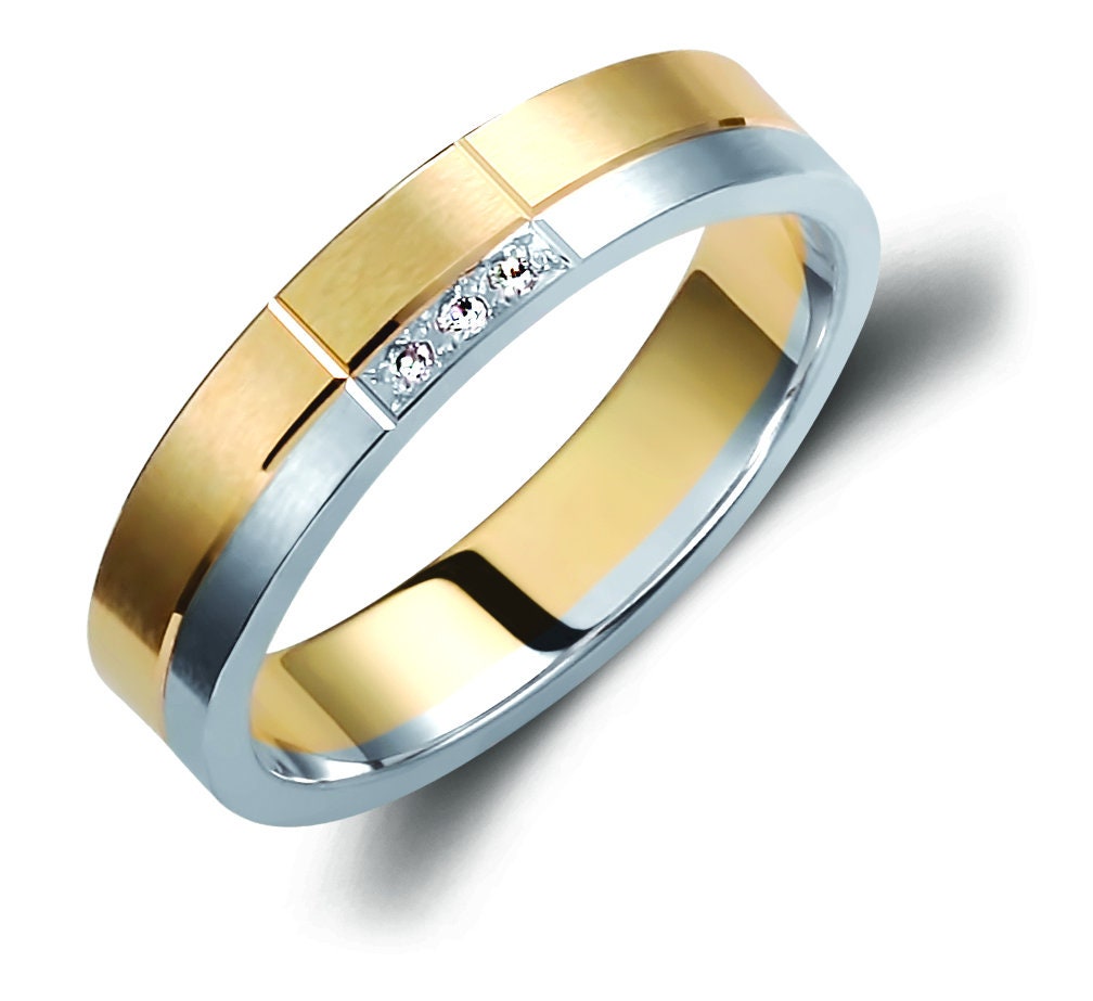 Two-tone Wedding Band, 4.5mm Wedding Bands Set, Diamond Matching Rings, Engrave Band Ring, Wedding Ring Set, His and Hers Rings