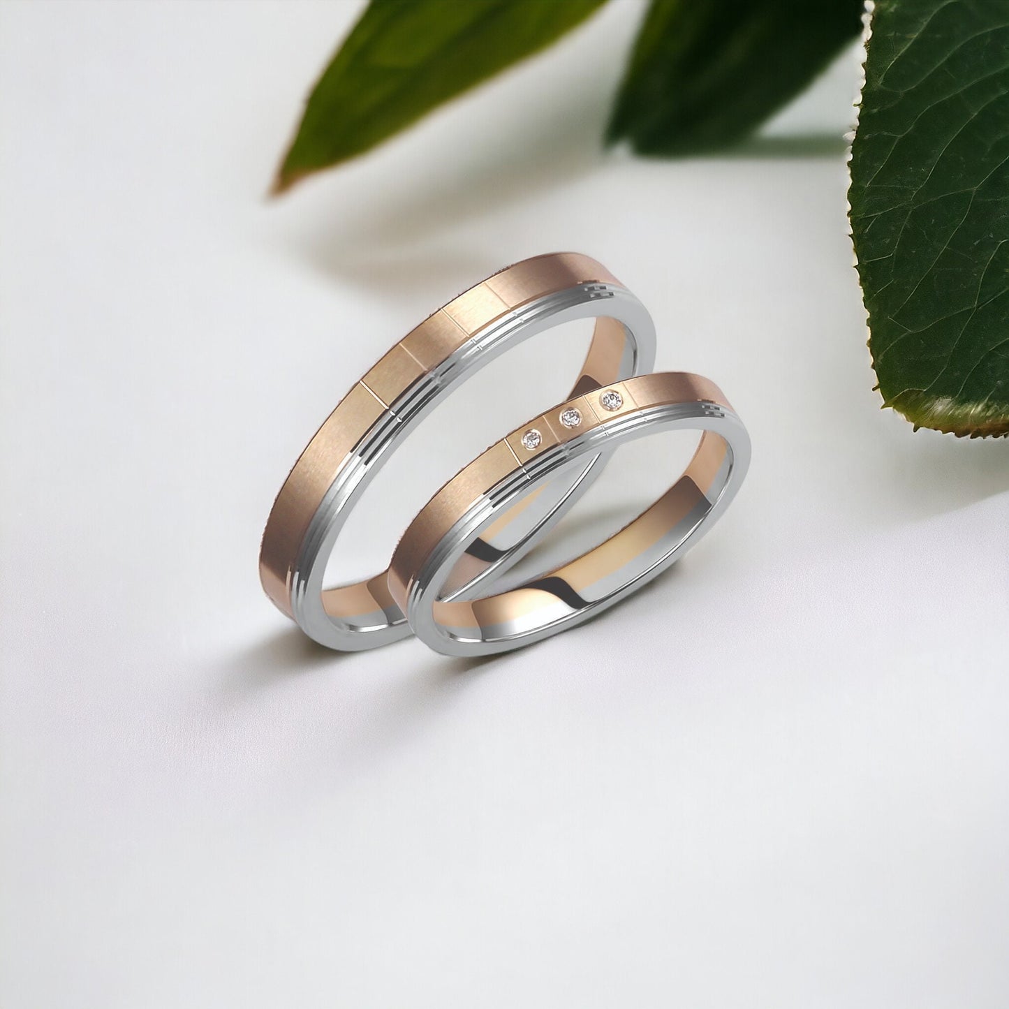 Two-tone Wedding Band, 3,5mm Wedding Bands Set, Diamond Matching Rings, Engrave Band Ring, Wedding Ring Set, His and Hers Rings