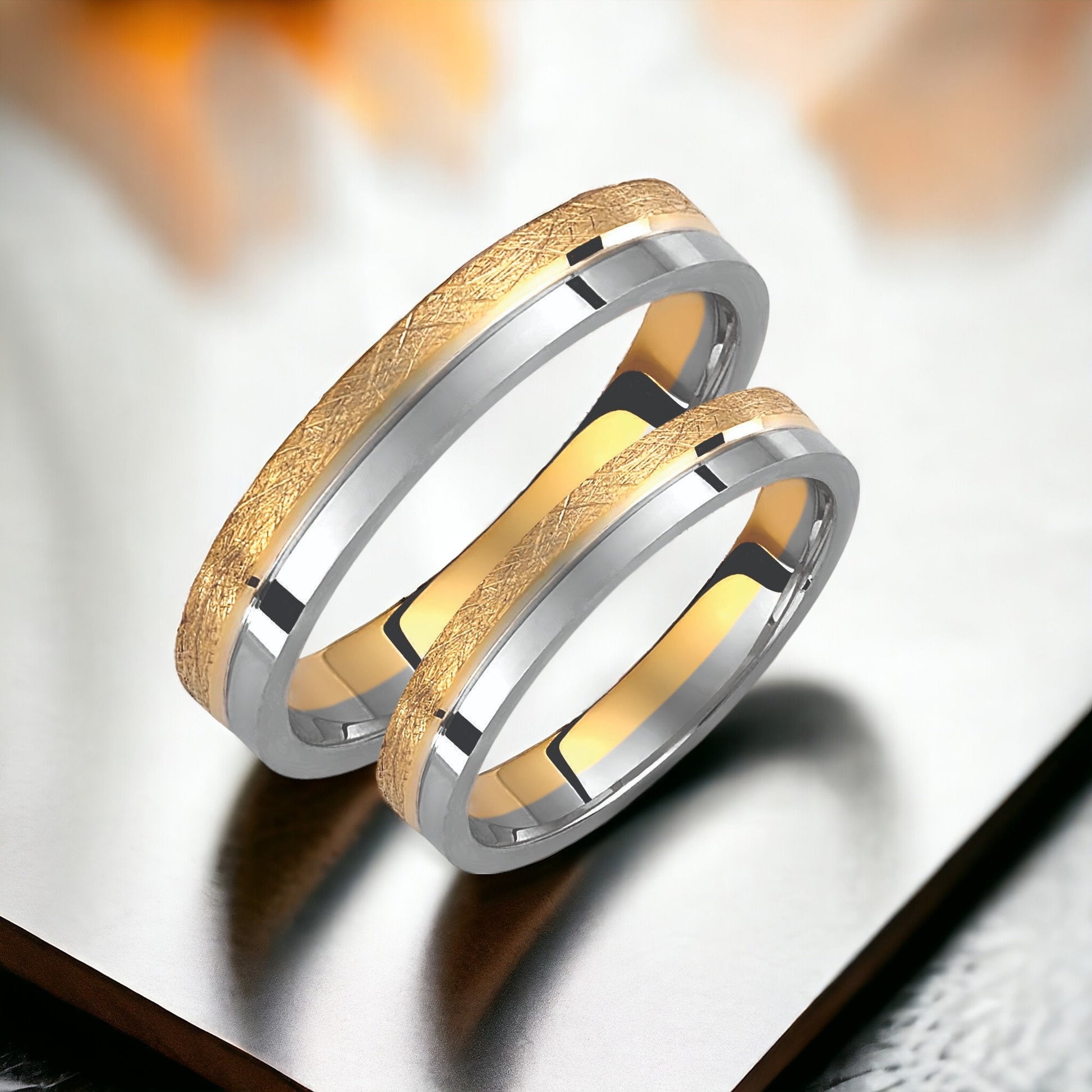 Two-tone Wedding Band, 3.5mm Wedding Bands Set, Matching Rings, Engrave Band Ring, Wedding Ring Set, His and Hers Rings