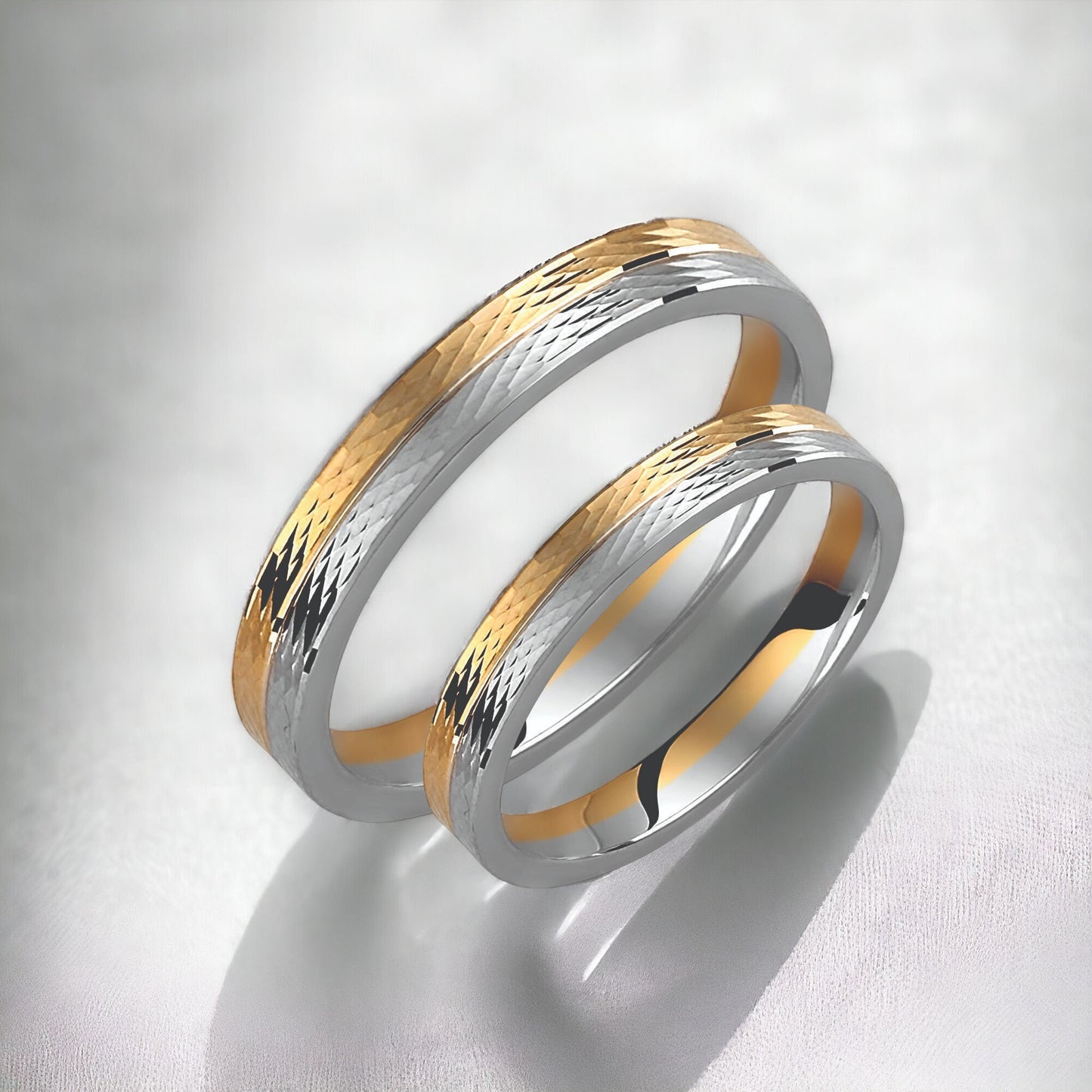 Two-tone Wedding Band, 3mm Wedding Bands Set, Hammered Matching Rings, Engrave Band Ring, Wedding Ring Set, His and Hers Rings