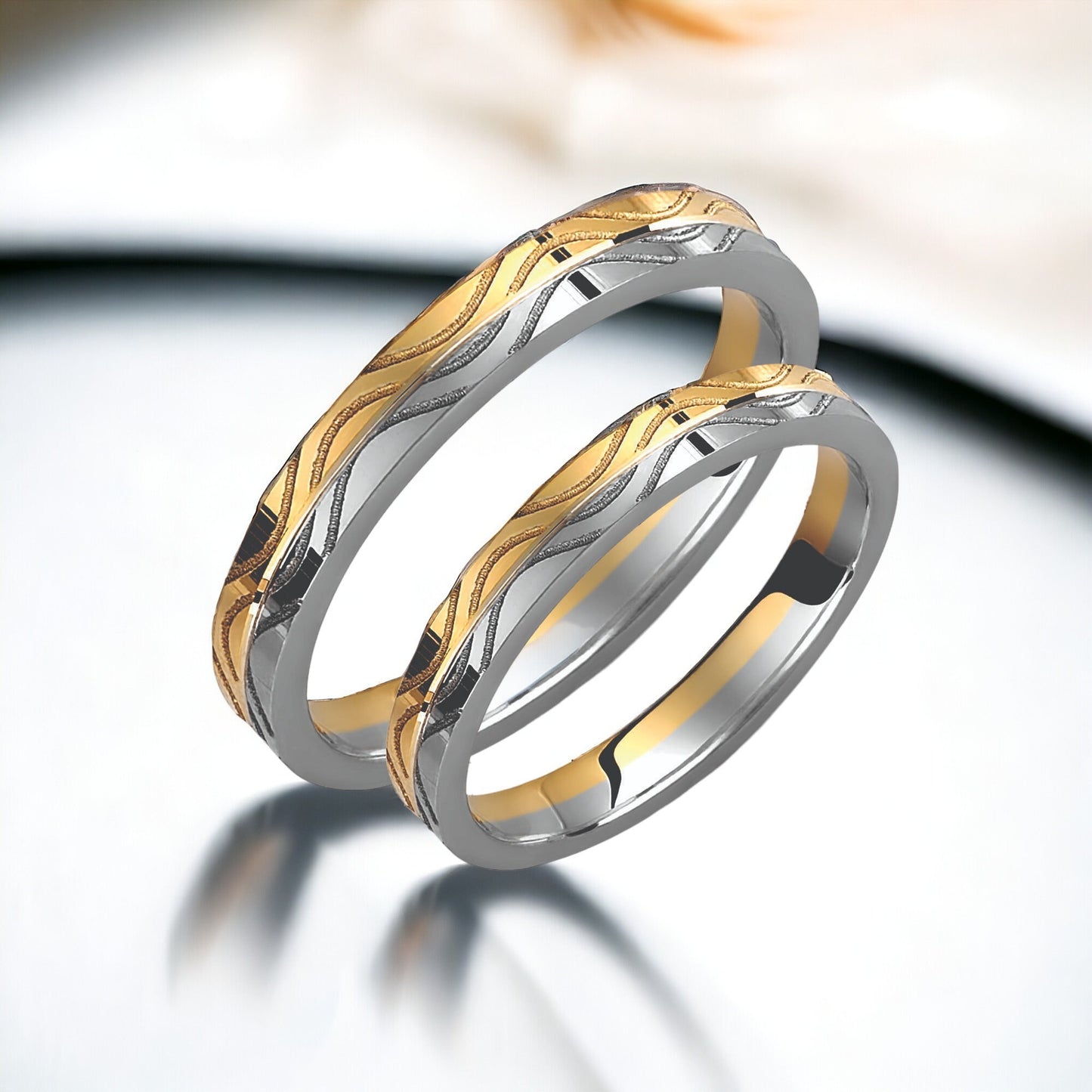 Two-tone Wedding Band, 3mm Wedding Bands Set, Matching Rings, Engrave Band Ring, Wedding Ring Set, His and Hers Rings